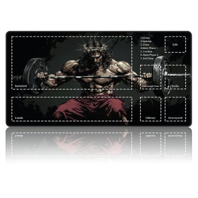Muscle Jesus TCG Playmat with Zones, Card Game Playmat for MTG with Battlefield Lands Graveyard Layout, Non-Slip Rubber Base & Stitched Edges & Smooth Surface Style Game Mat 24 x 14 Inch