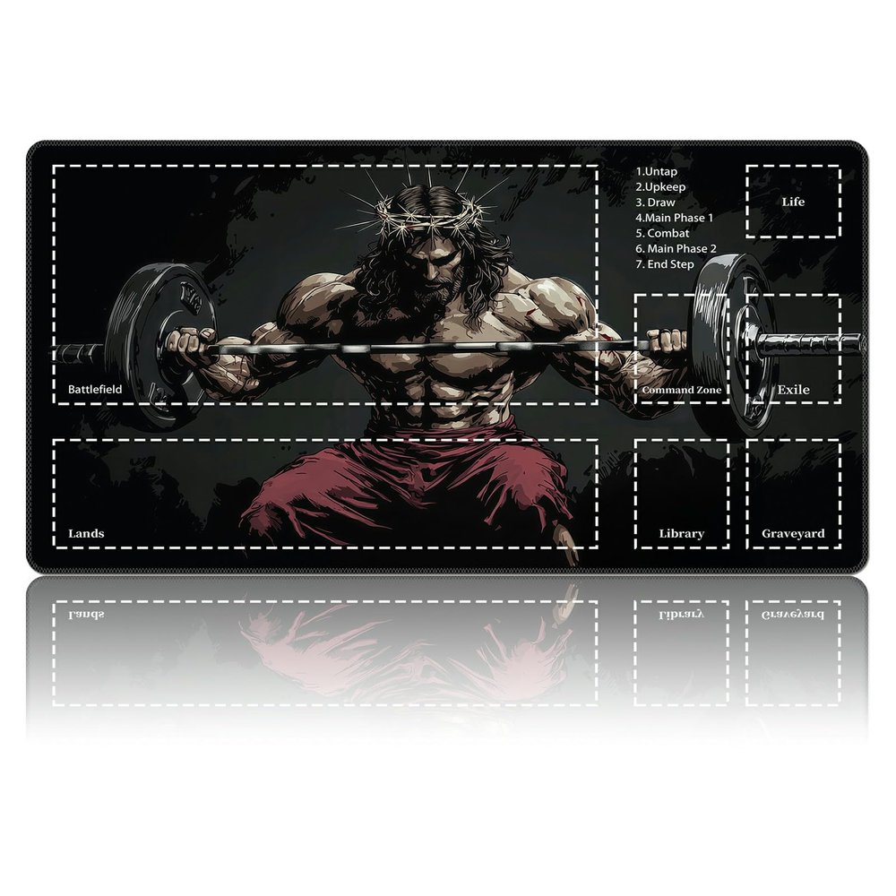 Muscle Jesus TCG Playmat with Zones, Card Game Playmat for MTG with Battlefield Lands Graveyard Layout, Non-Slip Rubber Base & Stitched Edges & Smooth Surface Style Game Mat 24 x 14 Inch