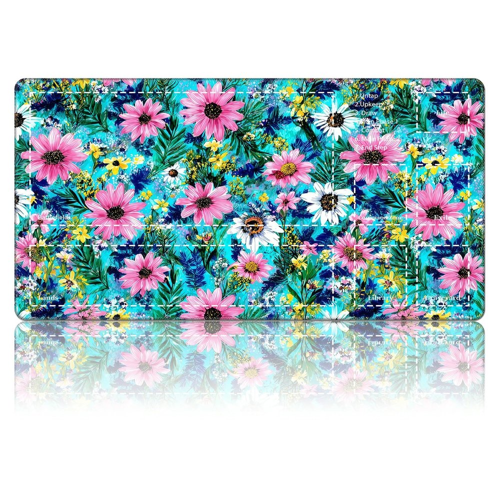 Pink White Daisy TCG Playmat with Zones, Card Game Playmat for MTG with Battlefield Lands Graveyard Layout, Non-Slip Rubber Base & Stitched Edges & Smooth Surface Style Game Mat 24 x 14 Inch