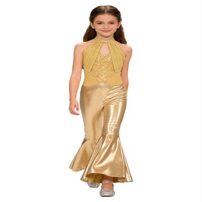 YiZYiF Disco Jumpsuit for Girl's Sparkle Sequin 70s Outfits Bell Bottom One Piece Dancewear Bodysuit Gold 4