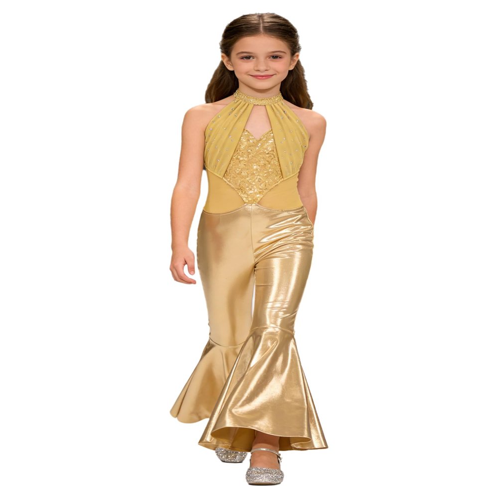 YiZYiF Disco Jumpsuit for Girl's Sparkle Sequin 70s Outfits Bell Bottom One Piece Dancewear Bodysuit Gold 4