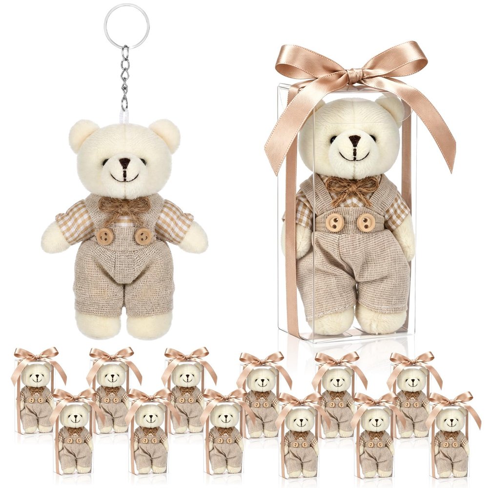 Whimsibelle 12 Pack Bear Keychain Plush Charm Party Favors,White