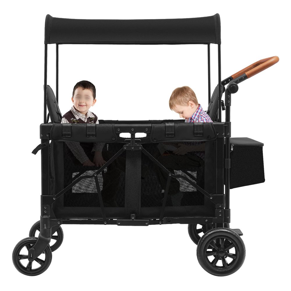Stroller Wagon for 2 Kids, 2-Seat All-Terrain Wagon Cart with 5-Point Harnesses, Foldable Double Push Bar Wagon Stroller with Sunshade, Large Wheels for Camping Hiking Beach Travel, Black
