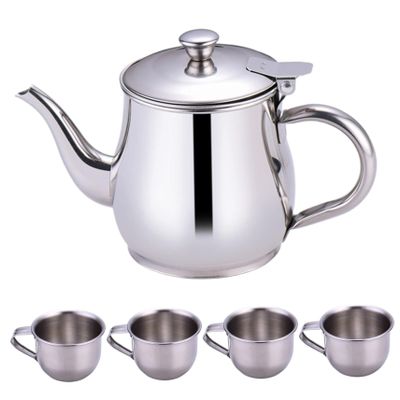 Ameble Kids Tea Set Includes Portable 330ml Stainless Steel Long Spout Teapot with Filter Screen and 4 70ml Cups for Children Camping Home Kids Tea Set, Small Teapot, Stainless Ste
