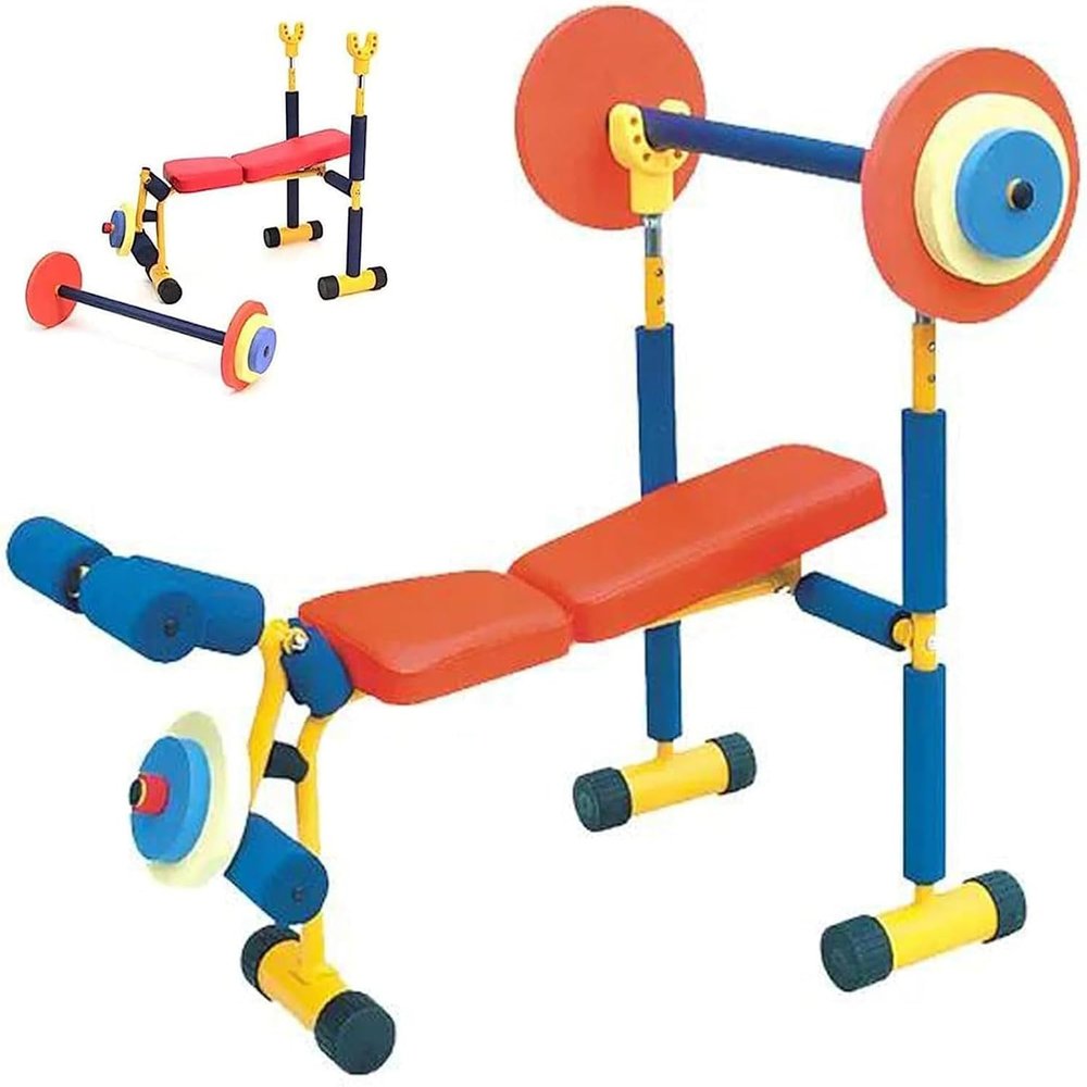 Adjustable Kids Fitness Barbell Set - Weight Bench & Leg Press for Ages 3-12, Perfect for Boys & Girls Beginner Exercise and Fun Workouts At Home