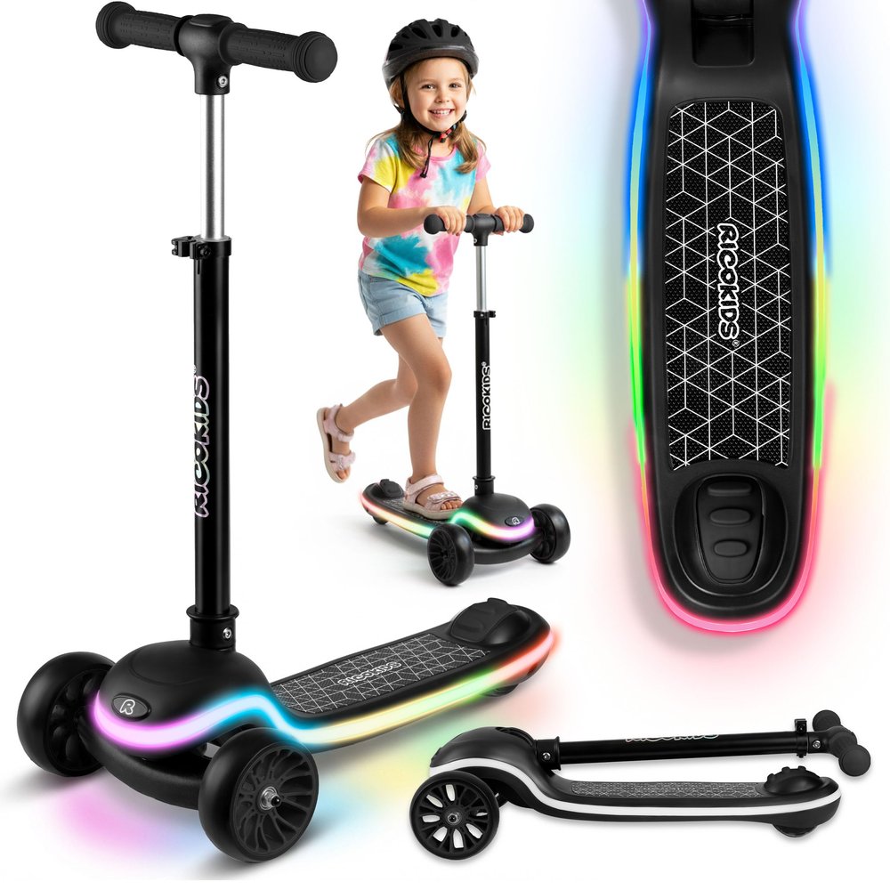 Ricokids Children's Scooter 3 Years - Tricycle Children's Scooter - Foldable Scooter with LED Light Deck - 20 Light Modes - 3-Level Height Adjustment - Leddi Black