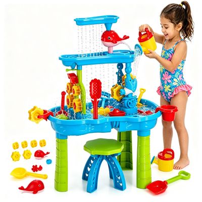 Sand Water Table for Toddlers 3-8, 3-Tier Sand and Water Table with Bonus Chair & Rich Accessories, Sensory Play Kids Water Table for Outdoor Beach Fun, Summer Birthday Gifts for Kids 1-3 4-8
