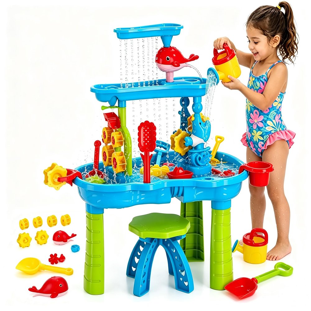Sand Water Table for Toddlers 3-8, 3-Tier Sand and Water Table with Bonus Chair & Rich Accessories, Sensory Play Kids Water Table for Outdoor Beach Fun, Summer Birthday Gifts for Kids 1-3 4-8