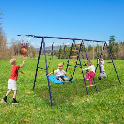 6 in 1 Swing Set for Backyard with Climbing Ladder, Climbing Net, Trapeze Bar, Hammock Swing, Belt Swing, Basketball Hoop