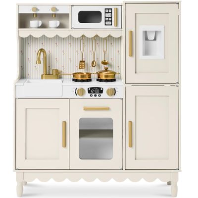 Best Choice Products Play Kitchen for Kids, Cottage Style Kids Kitchen Playset for Toddlers, Pretend Play Toy Kitchen w/ 11Pcs, Espresso Machine, Microwave, Oven, Refrigerator w/Ice - Cream