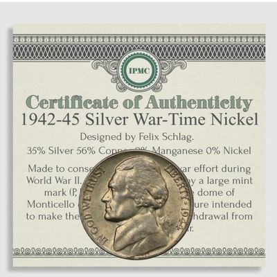1942-1945 Silver WAR TIME Nickel w/COA USA Rare Coin P D S Mints WW2 Collector 5c