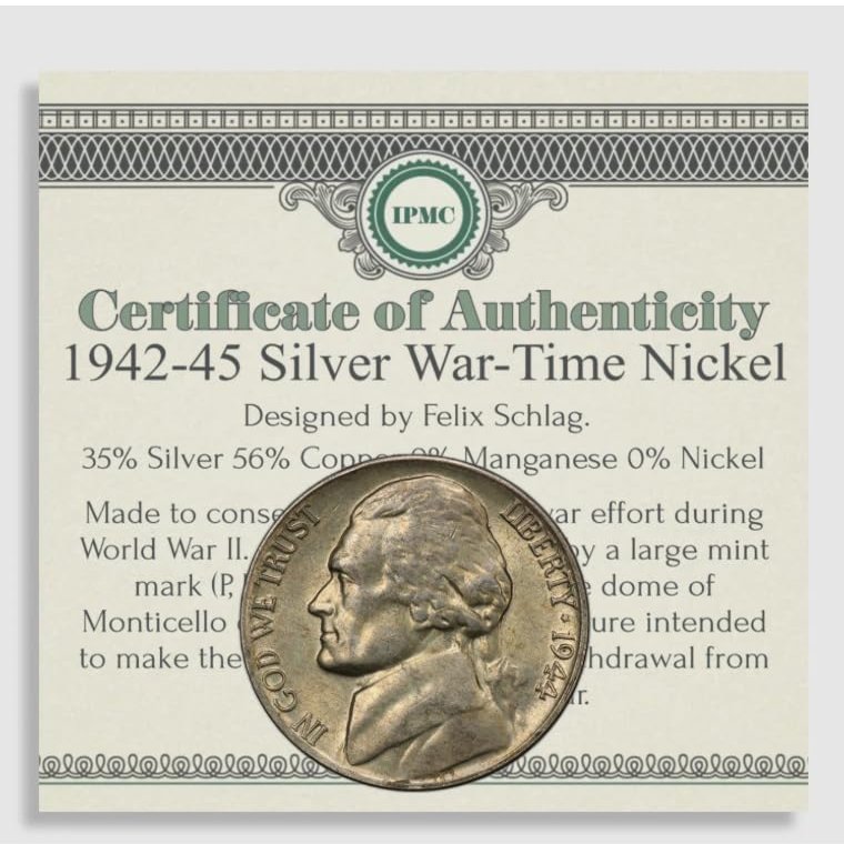 1942-1945 Silver WAR TIME Nickel w/COA USA Rare Coin P D S Mints WW2 Collector 5c