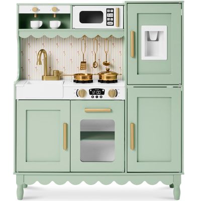 Best Choice Products Play Kitchen for Kids, Cottage Style Kids Kitchen Playset for Toddlers, Pretend Play Toy Kitchen w/ 11Pcs, Espresso Machine, Microwave, Oven, Refrigerator w/Ice - Sage