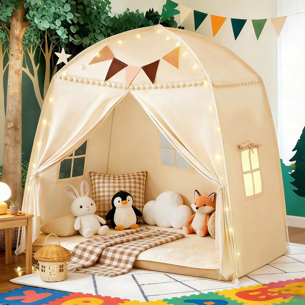 jiangcha Large Teepee Tent for Kids: with Star Lights & Flags - 3-Window Cone Ball Playhouse for Indoor & Outdoor - Portable & Foldable Gift for Boys & Girls - Cream, 59.1"x39.4"x59.1"