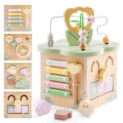 ROBUD Wooden Activity Cube, Activity Center for Baby, 7-in-1 Montessori Toys for 1+ Year Old Toddlers, Educational Toys for Garden World Theme