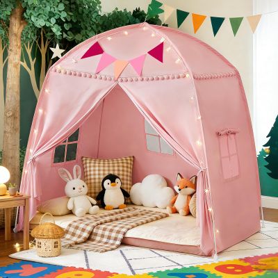 jiangcha Large Teepee Tent for Kids: with Star Lights & Flags - 3-Window Cone Ball Playhouse for Indoor & Outdoor - Portable & Foldable Gift for Boys & Girls - Pink, 59.1"x39.4"x59.1"