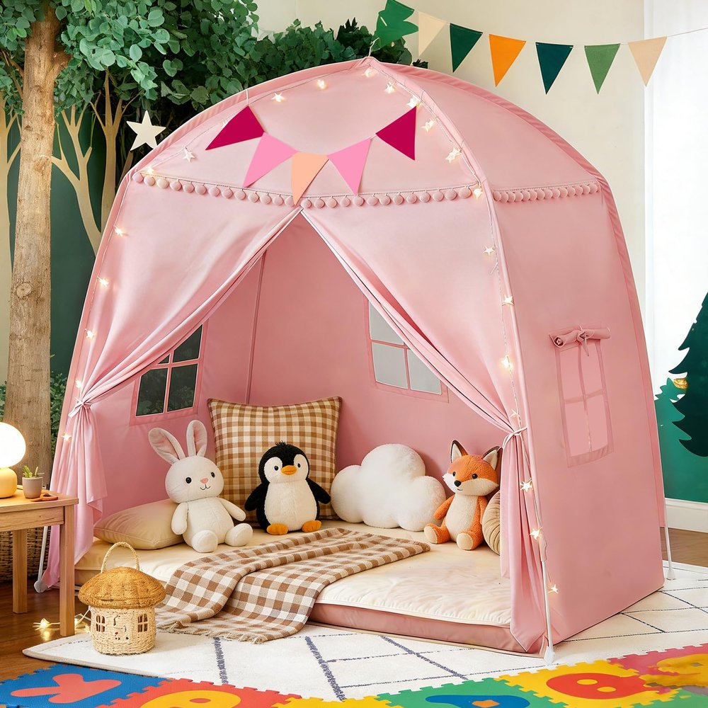 jiangcha Large Teepee Tent for Kids: with Star Lights & Flags - 3-Window Cone Ball Playhouse for Indoor & Outdoor - Portable & Foldable Gift for Boys & Girls - Pink, 59.1"x39.4"x59.1"