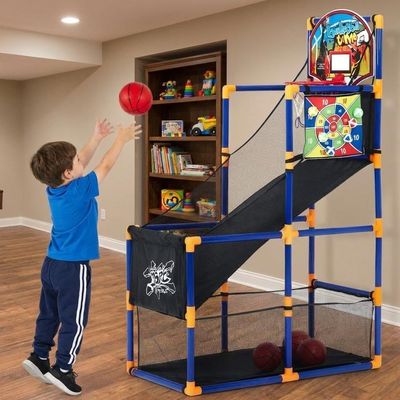 2-in-1 Kids Basketball Arcade Game Set with 4 Mini Basketballs and 6 Sticky Toss Balls, Indoor & Outdoor, Height Adjustable Hoop and Dart Game Sports Toy with Ball Return Ramp for Boys & Girls Ages 3+