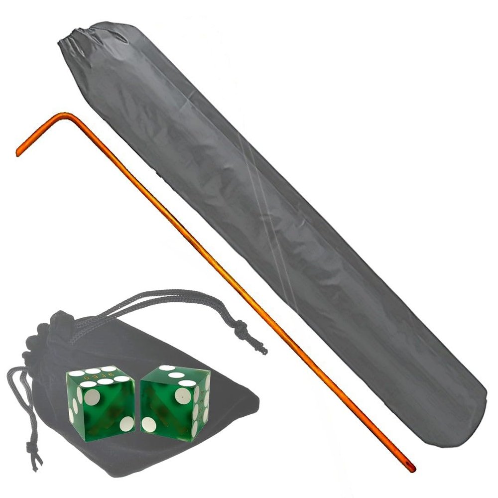 36" Craps Dealer Stick Set Rattan Rake with Carrying Bag & Authentic Casino Dice Pair (Green)