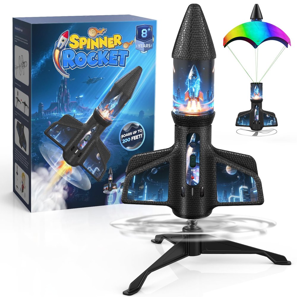 ZeroPhear Rocket Launcher for Kids, 200 ft Auto Launching Spinner Rocket Toy with LED and Safety Parachute, 2-Altitude Launch, USB Rechargeable, Outdoor Toys Gift for Boys Ages 8-13 (Blue)