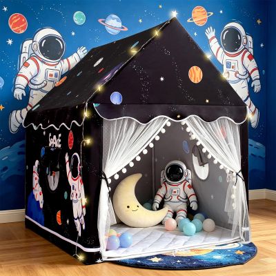 RONGFA Large Kids Tent Playhouse Padded Mat with Star Lights and Flags, Spaceship Play Tent, Astronaut Rocket Ship Teepee for Boys & Girls, Kids Play House Space Toys for Toddler (Black with Mat)