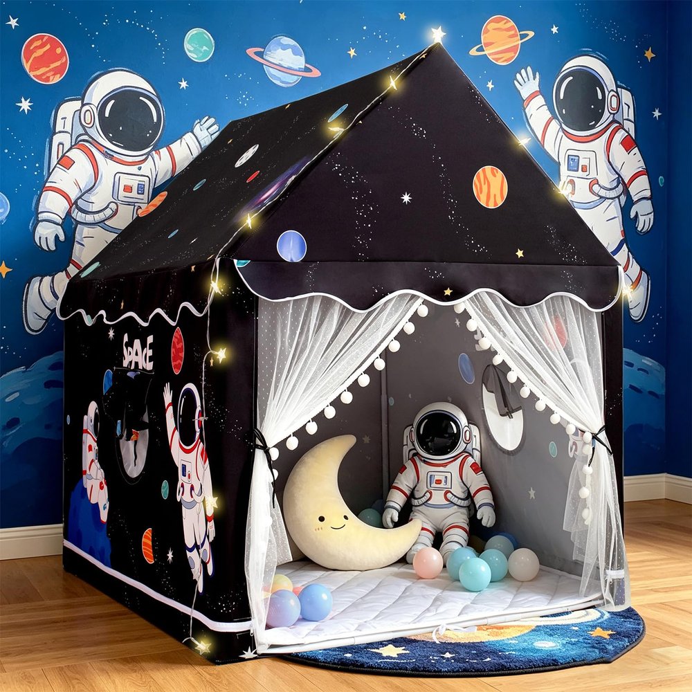RONGFA Large Kids Tent Playhouse Padded Mat with Star Lights and Flags, Spaceship Play Tent, Astronaut Rocket Ship Teepee for Boys & Girls, Kids Play House Space Toys for Toddler (Black with Mat)