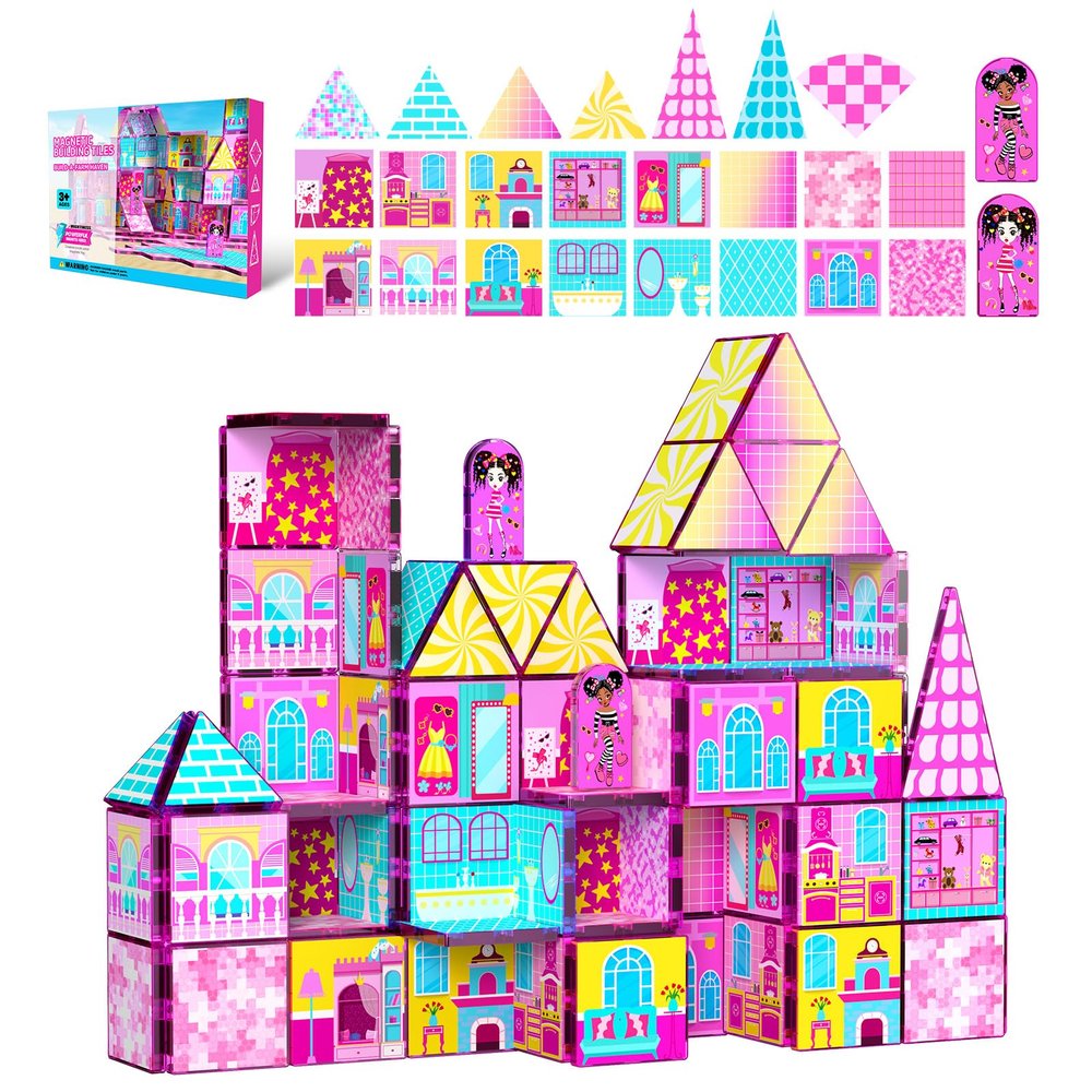 52PCS Magnetic Building Tiles, Build a Fashion Doll House Set, Pink, Girls Ages 3+