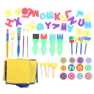 57Pcs Sponge Paint Brushes Letters Stamp Kit with Apron, Toddler Painting Tools Set, Reusable Foam Art Craft Brushes for Kids Ages 2-6, Includes Alphabet Stamps and