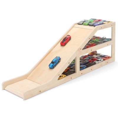 Wood Toy Car Garage Display Case and Parking Rack with Ramp for Hot Wheels