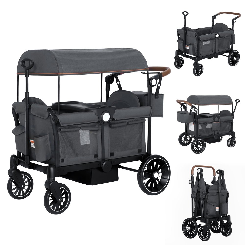 TODECARE Wagon Stroller for 2 Kids, Foldable All-Terrain Push Wagon, Gray