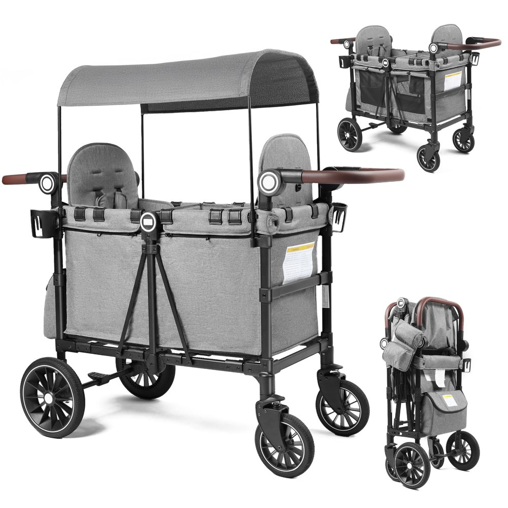 TODECARE Wagon Stroller for 2 Kids, Folding All Terrain 2-Seater Push Wagon w/Removable Canopy, 5-Point Harness, Adjustable Handles, Shock-Absorbing Wheels, Quad Stroller for Toddlers (Gray)