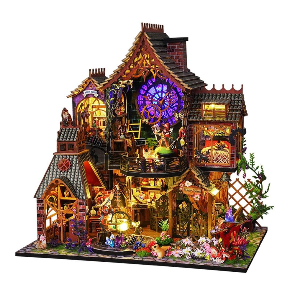 3D Wooden Puzzle, Miniature Magic Forest Castle DIY Model Kit with LED Light & Dust Cover, Halloween Fantasy Journey Assembly Desk Decor Display Gift for Adults Youth (Kit Version)