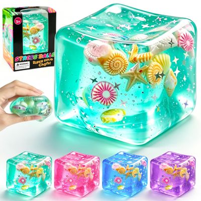 1Pc Ice Cube Squishy Stress Balls,Slow Rising Sensory Fidget Toy with Marine Shells Inside Square Soft Sensory Anxiety Relief Squeeze Cube for Adults Teens Kids(Green)