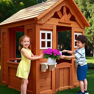 Kids Playhouse, Outdoor Wooden Kids Playhouse, Adventures Cottage Playset with Flowerpot Holder for Backyard, 42" Lx46 Wx55 H