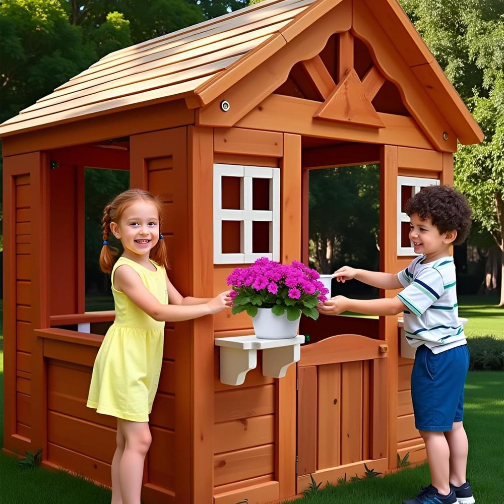 Kids Playhouse, Outdoor Wooden Kids Playhouse, Adventures Cottage Playset with Flowerpot Holder for Backyard, 42" Lx46 Wx55 H