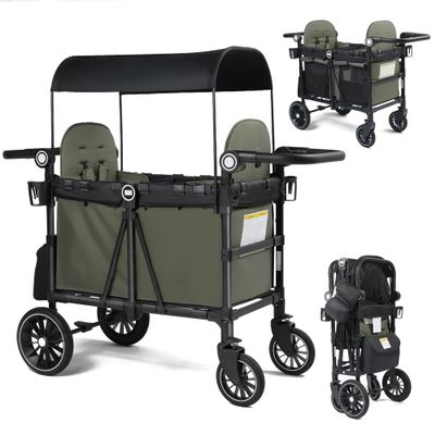 TODECARE Wagon Stroller for 2 Kids, Foldable All-Terrain Push Wagon, Green