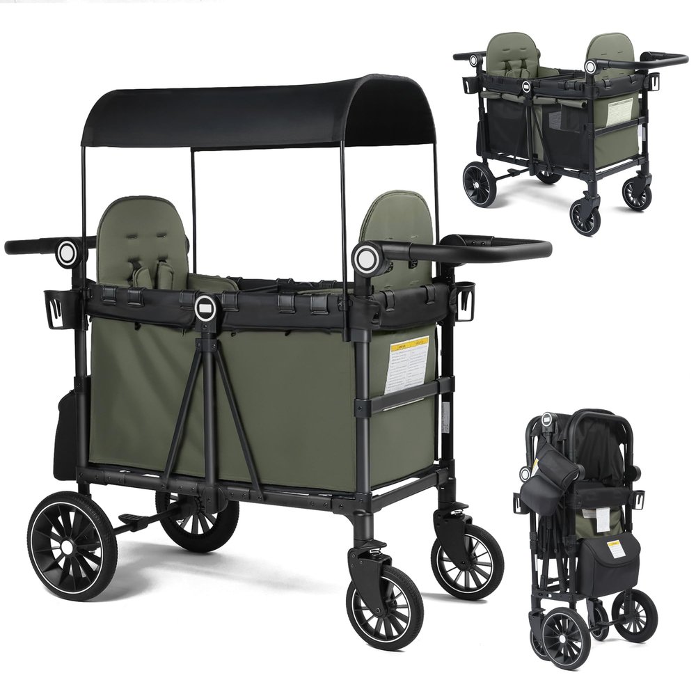 TODECARE Wagon Stroller for 2 Kids, Foldable All-Terrain Push Wagon, Green