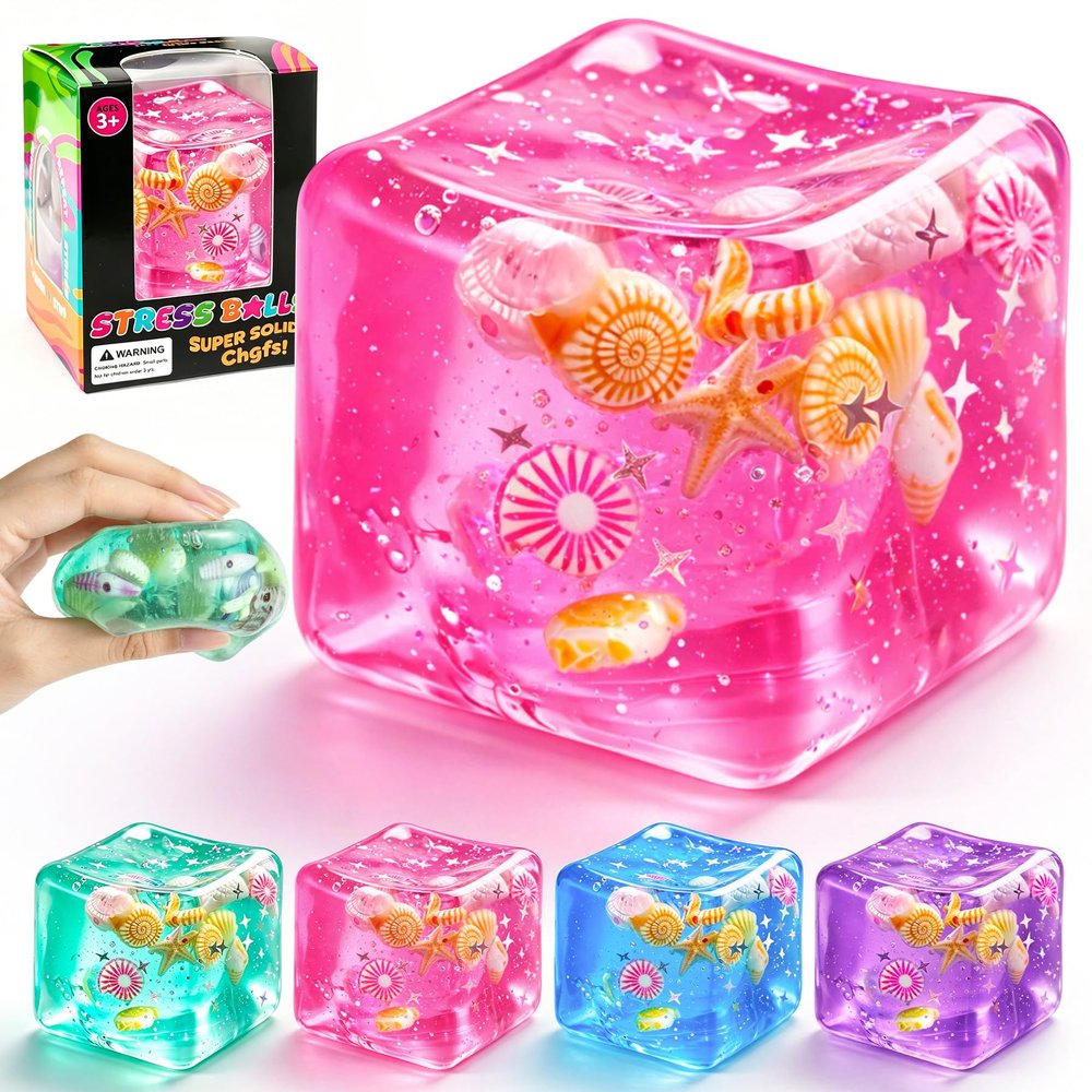 1Pc Ice Cube Squishy Stress Balls,Slow Rising Sensory Fidget Toy with Marine Shells Inside Square Soft Sensory Anxiety Relief Squeeze Cube for Adults Teens Kids(Pink)