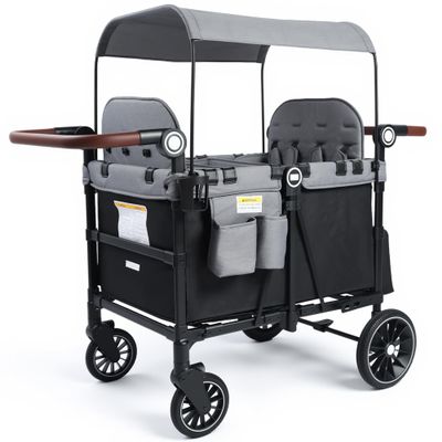 TODECARE 4 Seater Wagon Stroller, Folding All Terrain Push Wagon w/Removable Canopy, 5-Point Harness, Adjustable Handles, Parent Organizer, Snake Tray, Quad Stroller for Toddlers (Black+Gray)