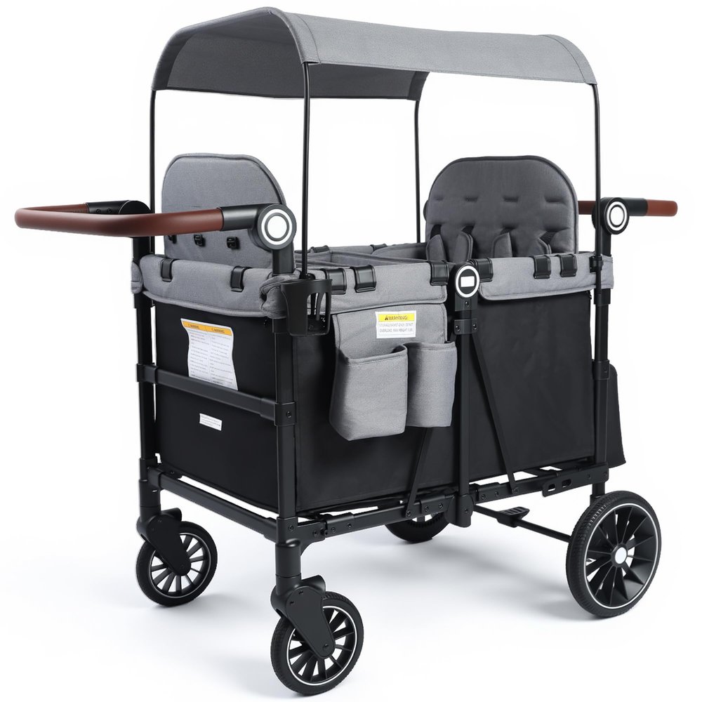 TODECARE 4 Seater Wagon Stroller, Folding All Terrain Push Wagon w/Removable Canopy, 5-Point Harness, Adjustable Handles, Parent Organizer, Snake Tray, Quad Stroller for Toddlers (Black+Gray)