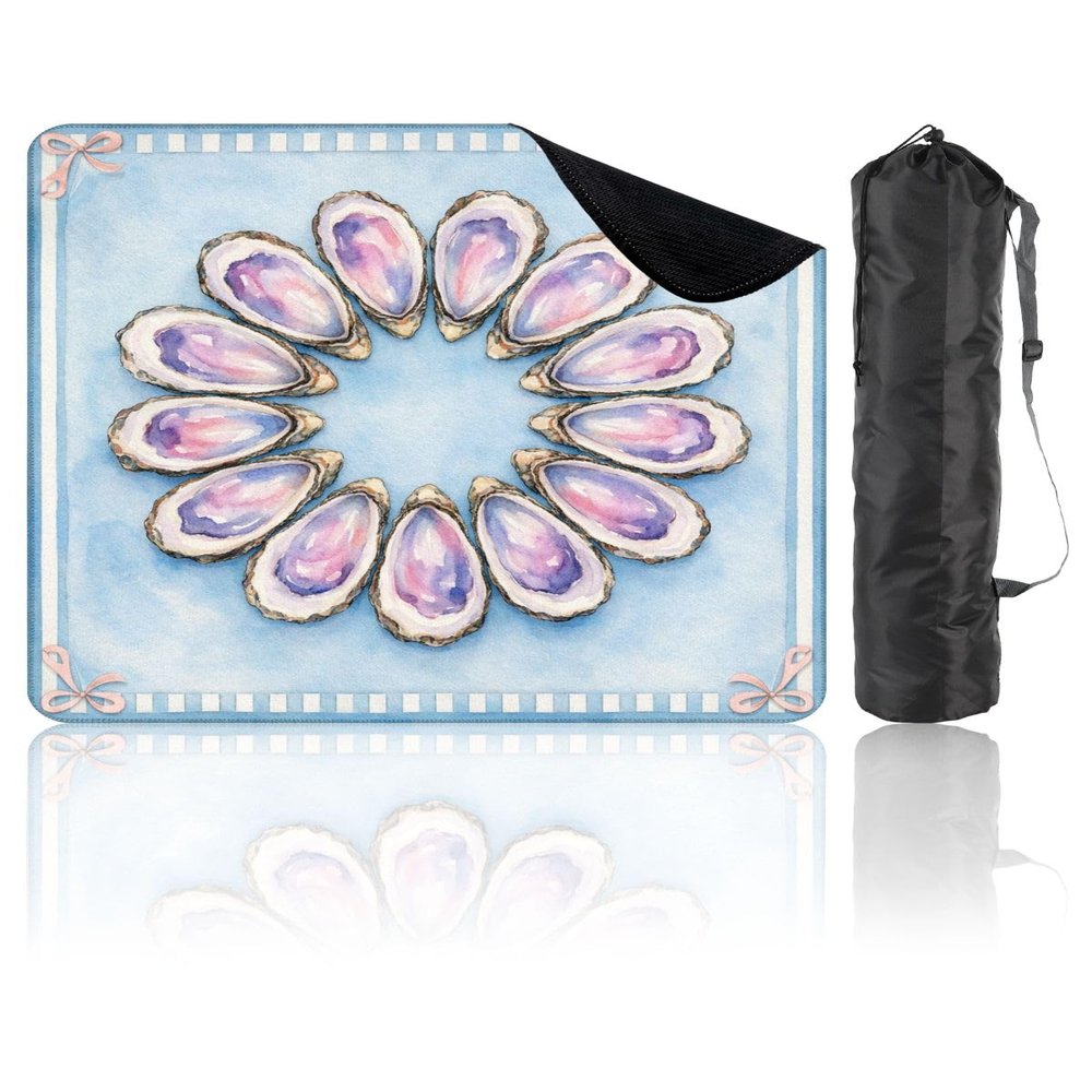 31.5" x 31.5" Mahjong Mat for Table with Carrying Bag Watercolor Oyster Shells Circular Arrangement Soft Blue Coastal Style Non-Slip Noise-Reducing Game Mat for Mahjong Poker Dominoes Board Games