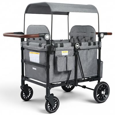 TODECARE 4 Seater Wagon Stroller, Folding All Terrain Push Wagon w/Removable Canopy, 5-Point Harness, Adjustable Handles, Parent Organizer, Snake Tray, Quad Stroller for Toddlers (Gray)