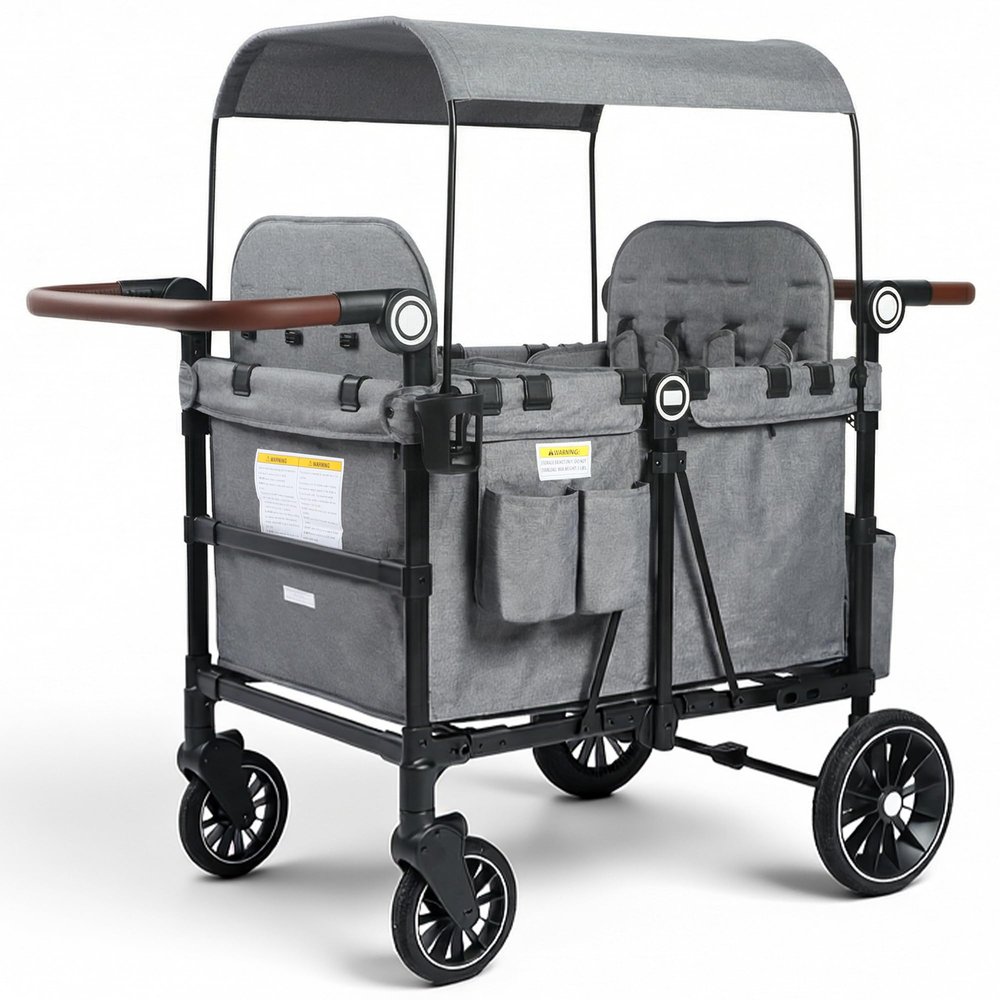 TODECARE 4 Seater Wagon Stroller, Folding All Terrain Push Wagon w/Removable Canopy, 5-Point Harness, Adjustable Handles, Parent Organizer, Snake Tray, Quad Stroller for Toddlers (Gray)