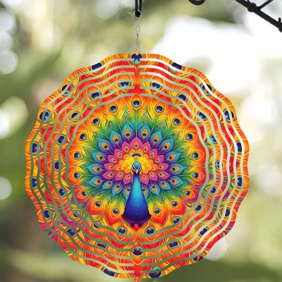 10 Inch Colorful Mandala Peacock Wind Spinner Gift for Women Mom, Laser Cut Rustproof Metal 3D Kinetic Hanging Wind Sculpture for Outdoor Garden Yard Art Lawn Balcony Porch Window Decor