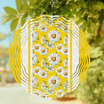 Wind Spinner for Outside, Country Daisy Flower Yellow Stripe 3D Wind Chimes for Garden 8in, Blossom Floral Round Hanging Winds Spinner for Yard Porch Outdoor Decor