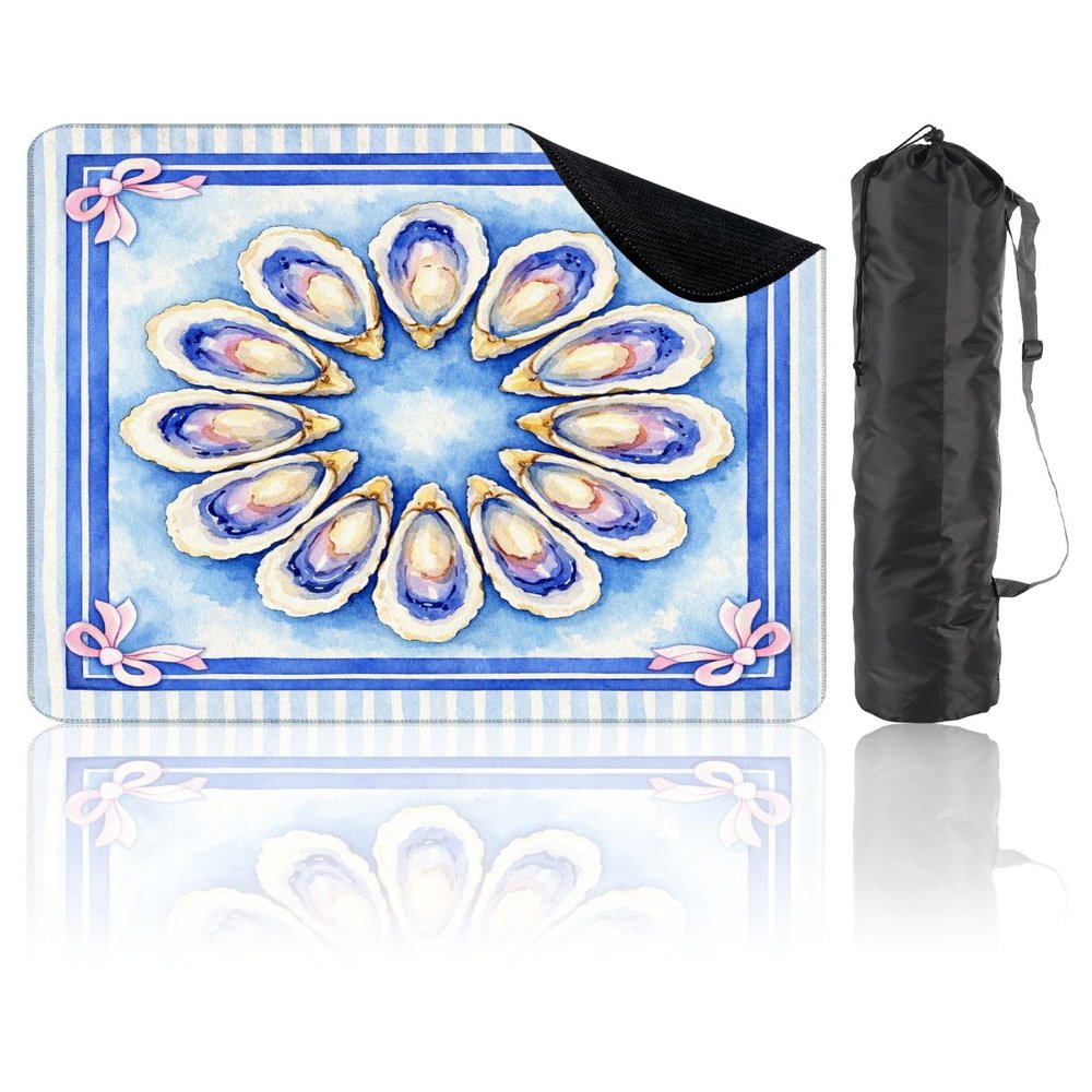 31.5" x 31.5" Mahjong Mat for Table with Carrying Bag Watercolor Oyster Shells Circular Arrangement Soft Blue Coastal Style Non-Slip Noise-Reducing Game Mat for Mahjong Poker Dominoes Board Games