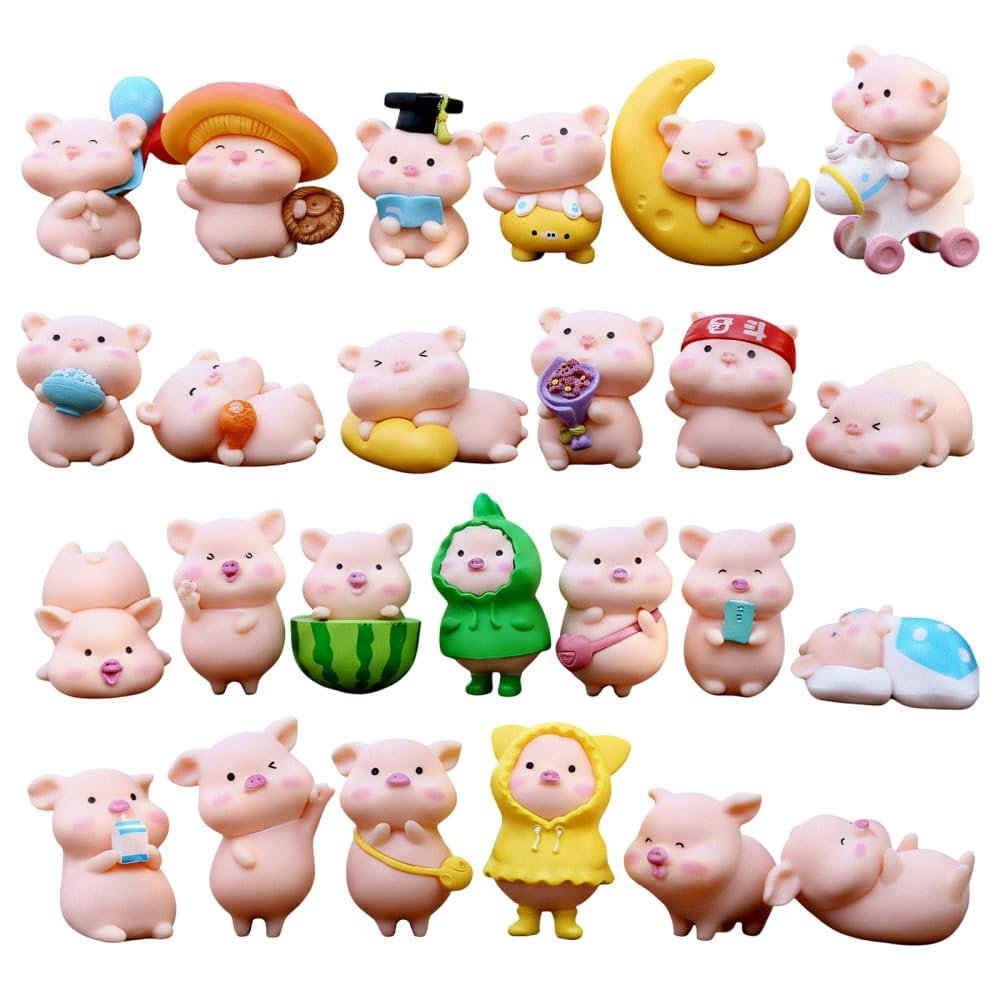 25Pcs Pig Figurines Set, Cute Cartoon Piggy Lucky Charms, Mini Animal Figures for Car Dashboard Desk Decoration