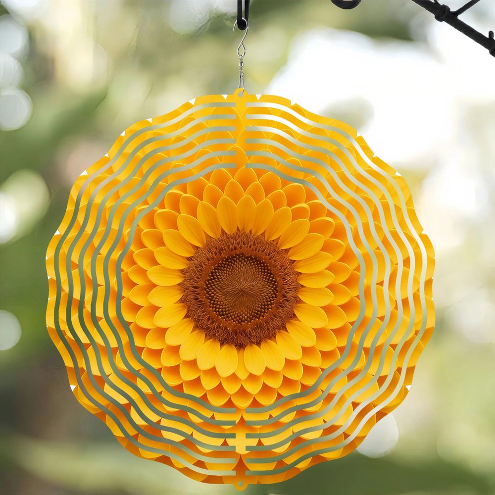 10 Inch Mandala Sunflower Wind Spinner Gift for Women Mom, Laser Cut Rustproof Metal 3D Kinetic Hanging Wind Sculpture for Summer Garden Farm Yard Art Balcony Patio Porch Window Decor