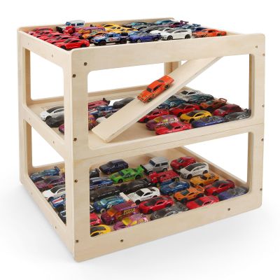 Wooden Car Garage Storage Organizer, Compatible with Hot Wheels & Matchbox 1:64 Scale Diecast Cars,3-Tier Multi-Level Racetrack Parking Lot Display Shelf for Kids, Natural Wood
