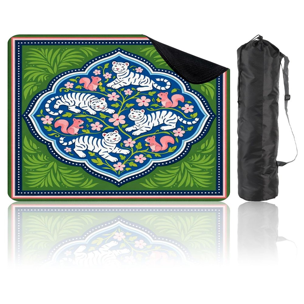 31.5" x 31.5" Mahjong Mat for Table with Carrying Bag Playful White Tigers Pink Monkeys Floral Blue Green Non-Slip Noise-Reducing Game Mat for Mahjong Poker Dominoes Board Games